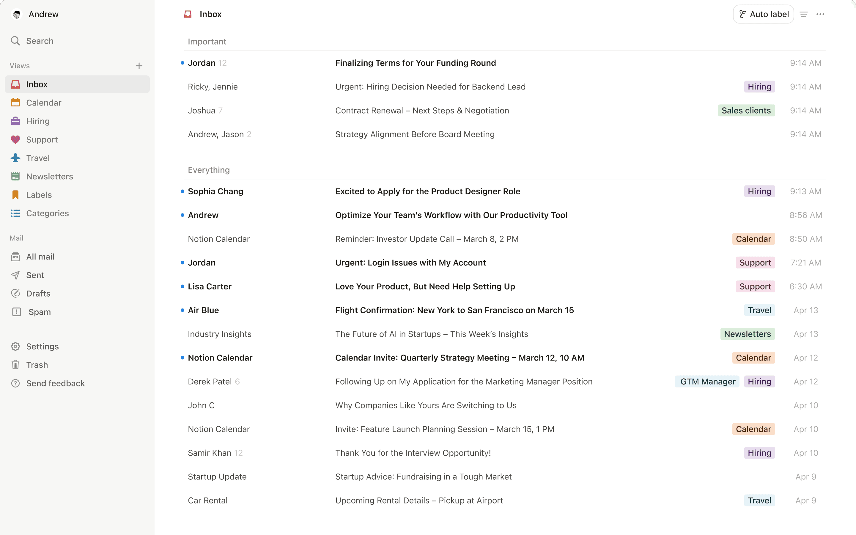 ภาพหน้าจอของ Notion Mail บนเดสก์ท็อป