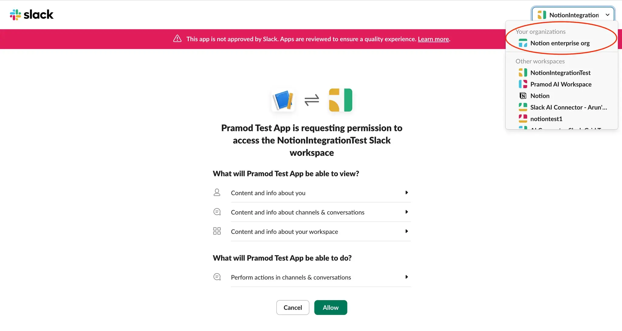 aide : sélectionner l’organisation Slack Grid