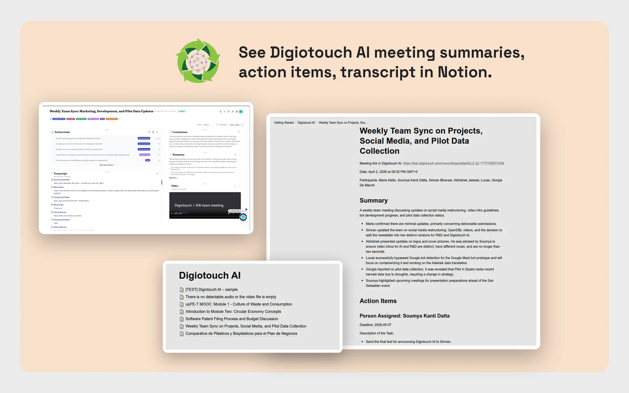 Export Digiotouch AI generated video meeting notes, speaker identified transcript, action items into your Notion workspace