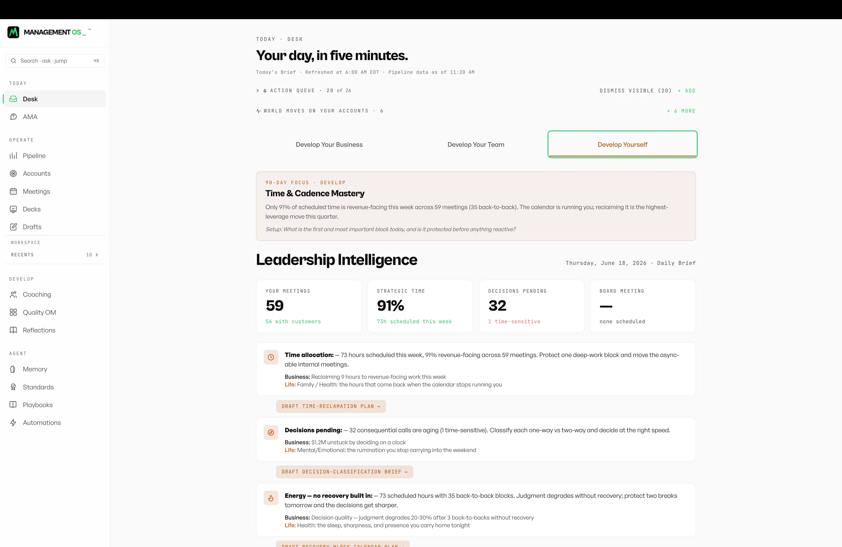 Daily intelligence briefs, coaching, and deal priorities for revenue leaders.