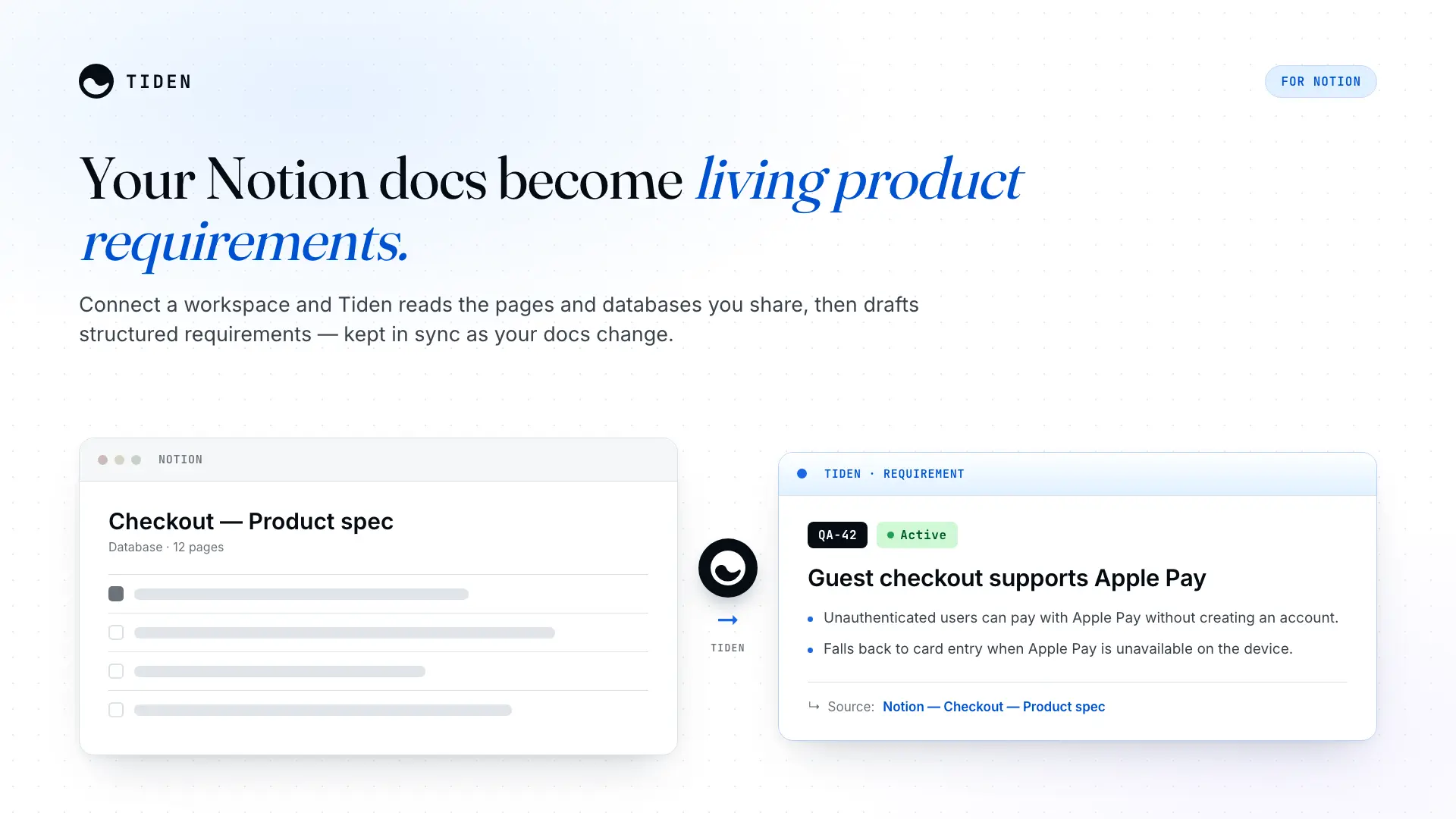 Turn your Notion pages and databases into living product requirements, kept in sync as they change.