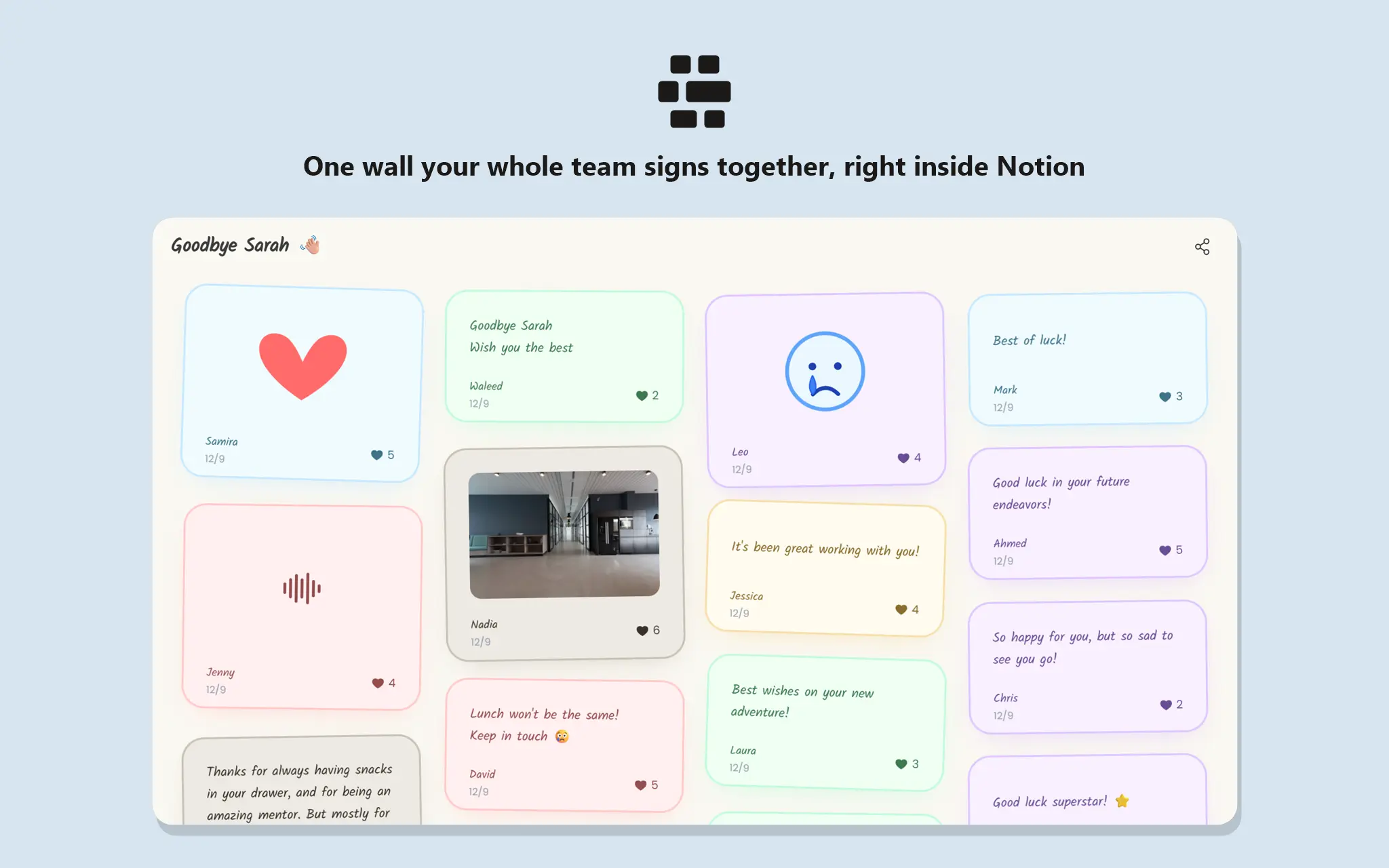 The group greeting card your team signs together, right inside Notion.