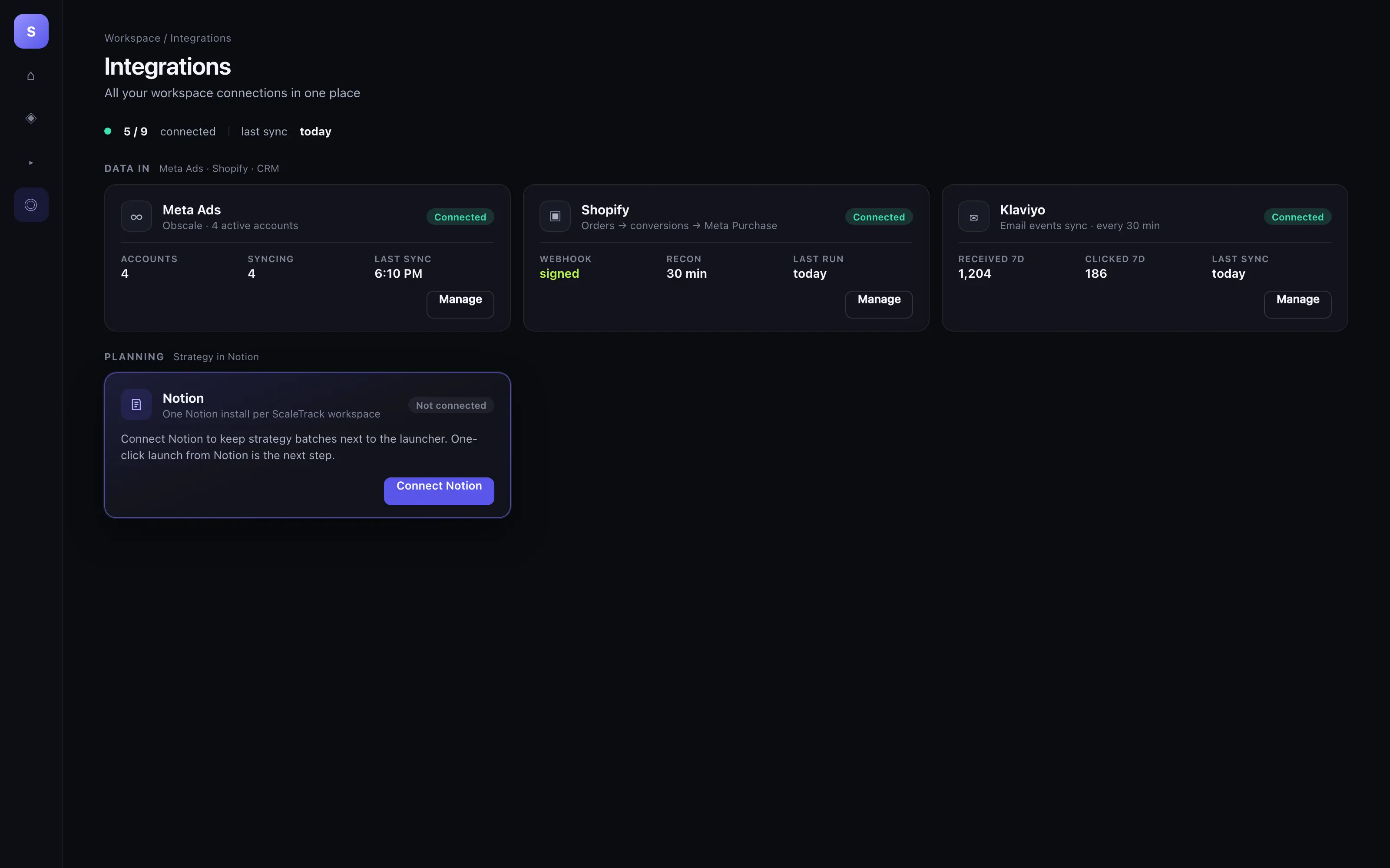 Connect Notion to ScaleTrack — keep campaign strategy next to the Meta launcher.
